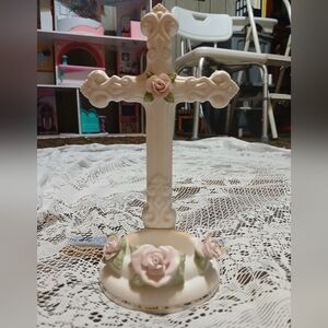 Vintage Teleflora Bisque Ceramic Cross with 3-D Roses Votive Tea Candle Holder